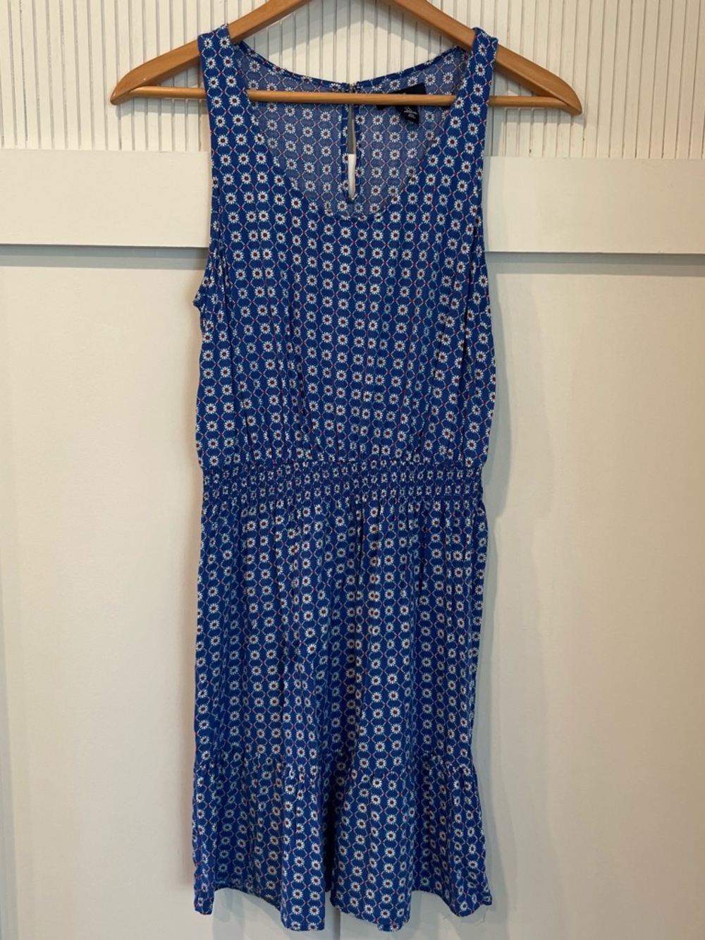 GAP Blue Sleeveless Midi Dress with White Floral Print